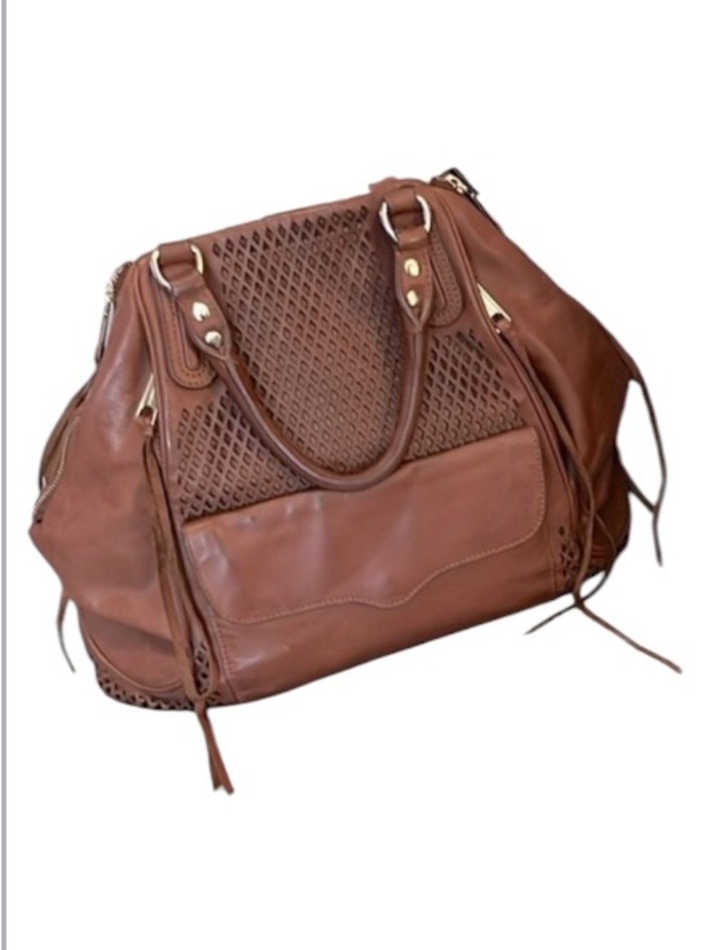 Rebecca Minkoff Cognac Tan Brown Leather Satchel Laptop Carry On Tote Bag Purse